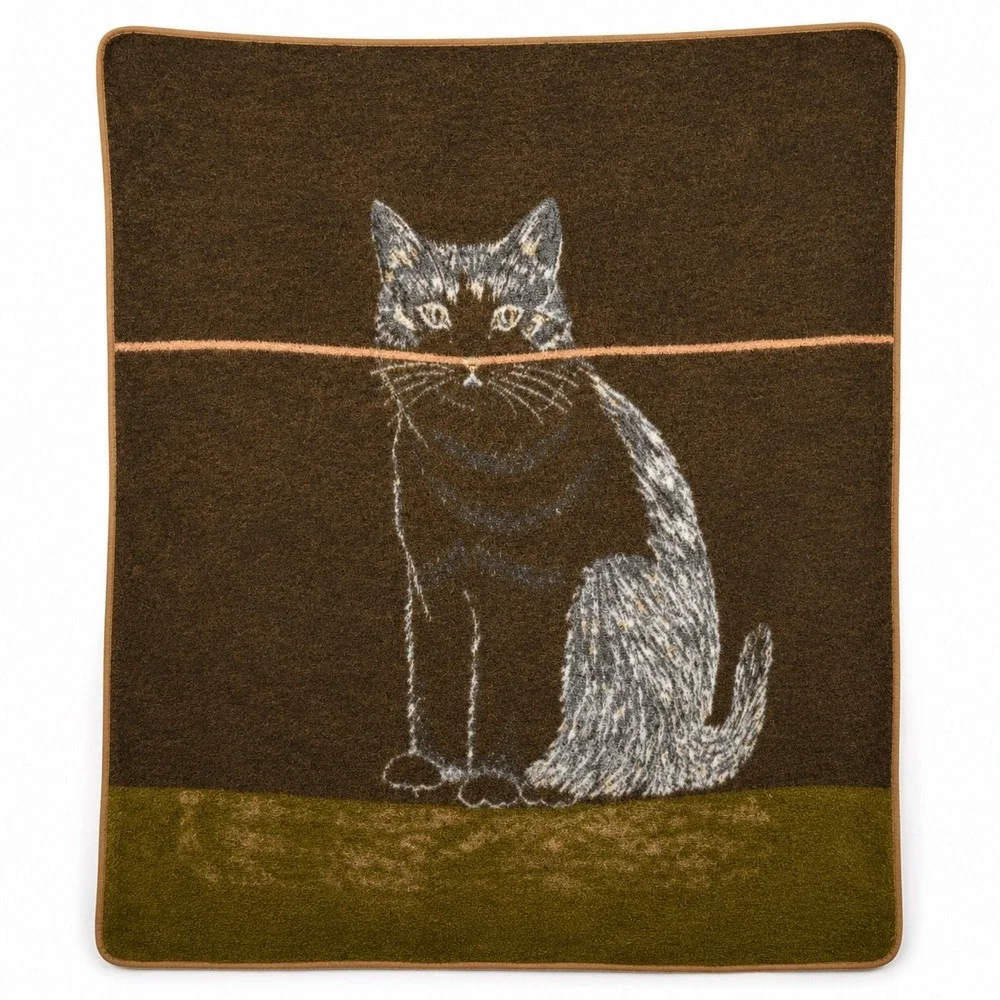 Vintage Biederlack Reversible Cat Throw Blanket Brown Cream Hungary 56x72